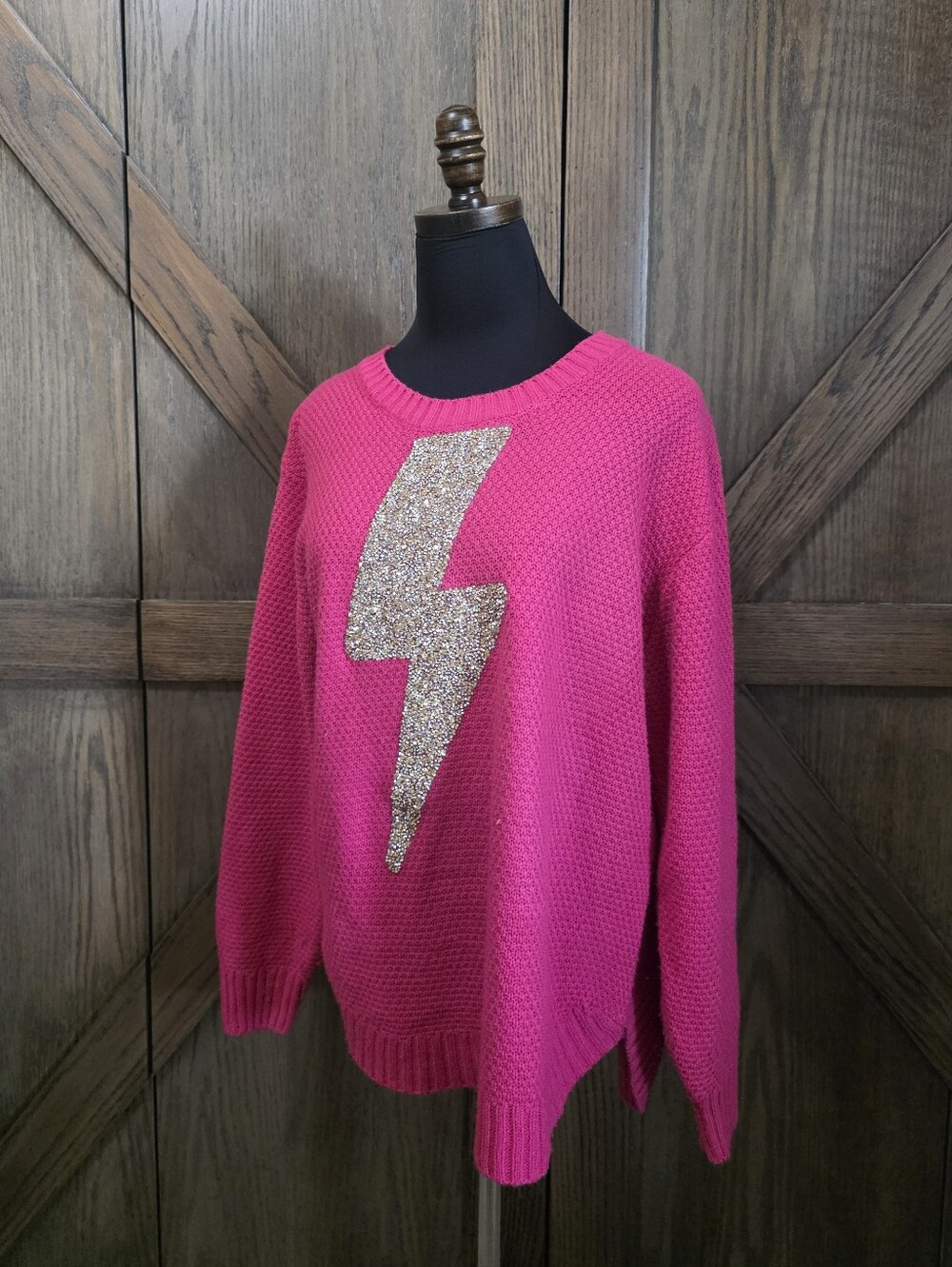 Judith March Hot Pink Knit Sweater with Gold Sequin Lightning Bolt